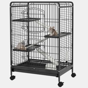 PawHut Gaiola para Roedores com Rodas 61,5x44x95cm Gaiola para Animais Pequenos com 2 Portas 3 Plataformas Bandeja Amovível Comedouro e Bebedouro Preto