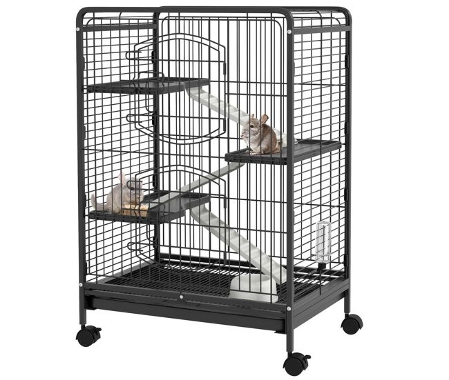 Pawhut jaula para hurones jaula para animales pequeños con ruedas rampa cuenco botella de agua y bandeja extraíble recinto para conejos chinchillas 61,5x44x95 cm negro
