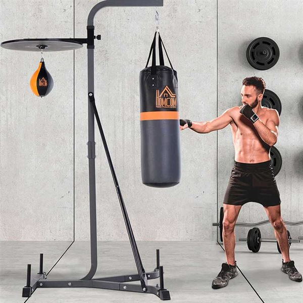 Homcom saco de boxeo colgante 2 en 1 saco de suelo de pie con soporte con bola de velocidad ajustable en altura de 167-187 cm e inflador para ejercicios fitness en casa gimnasio 115x157x221 cm gris