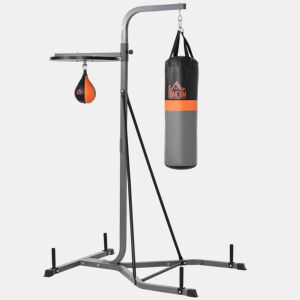 HOMCOM Saco de Boxe Suspenso com Suporte Bola de Velocidade Ajustável em Altura de 167-187cm e Inflador para Treinamento Fitness em Casa Ginásio 115x157x221 cm Preto e Cinza