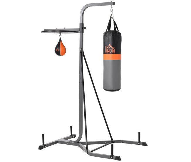 Homcom saco de boxeo colgante 2 en 1 saco de suelo de pie con soporte con bola de velocidad ajustable en altura de 167-187 cm e inflador para ejercicios fitness en casa gimnasio 115x157x221 cm gris