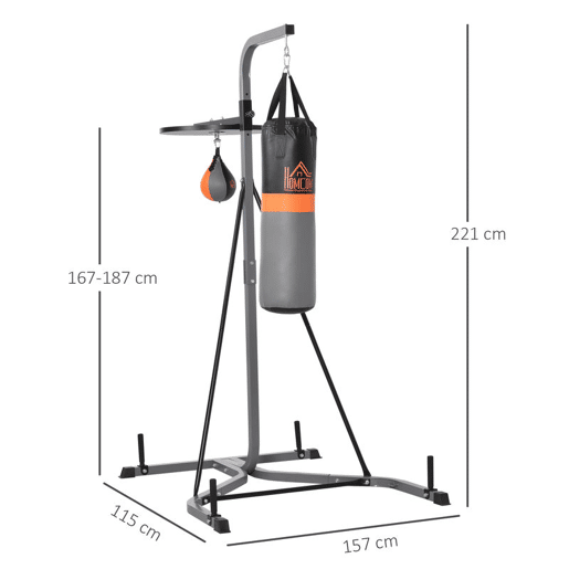 HOMCOM Saco de Boxe Suspenso com Suporte Bola de Velocidade Ajustável em Altura de 167-187cm e Inflador para Treinamento Fitness em Casa Ginásio 115x157x221 cm Preto e Cinza HOMCOM Saco de Boxe Suspenso com Suporte Bola de Velocidade Ajustável em Altura de 167-187cm e Inflador para Treinamento Fitness em Casa Ginásio 115x157x221 cm Preto e Cinza