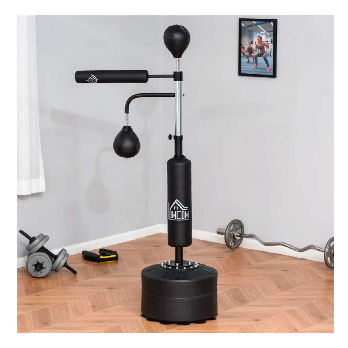 Homcom saco de boxeo de pie, 160-230 cm, saco de boxeo con barra giratoria de 360°, 2 bolas de velocidad y base rellenable, punching ball para adultos y niños, entrenamiento mma, muay thai, negro