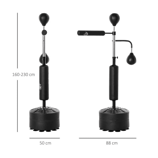HOMCOM Punching Ball de Boxe com Altura Ajustável com 2 Bolas de Velocidade Barra Giratória 360° e Base Preenchida com Água ou Areia Punching Ball para Adultos 88x50x160-230cm Preto