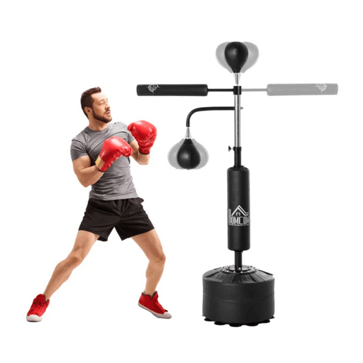HOMCOM Punching Ball de Boxe com Altura Ajustável com 2 Bolas de Velocidade Barra Giratória 360° e Base Preenchida com Água ou Areia Punching Ball para Adultos 88x50x160-230cm Preto