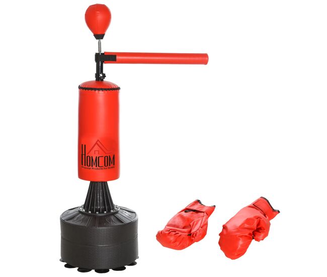 Homcom saco de boxeo de pie 155-205 cm, saco de boxeo con barra giratoria de 360°, bola de velocidad y base rellenable, punching ball para adultos y niños, entrenamiento mma, muay thai, fitness, rojo