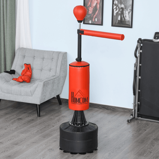 HOMCOM Punching Ball de Boxe com Altura Ajustável com Barra Giratória 360° e Base Preenchida Punching Ball para Boxe 88x48x155-205 cm Preto e Vermelho