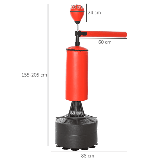 HOMCOM Punching Ball de Boxe com Altura Ajustável com Barra Giratória 360° e Base Preenchida Punching Ball para Boxe 88x48x155-205 cm Preto e Vermelho