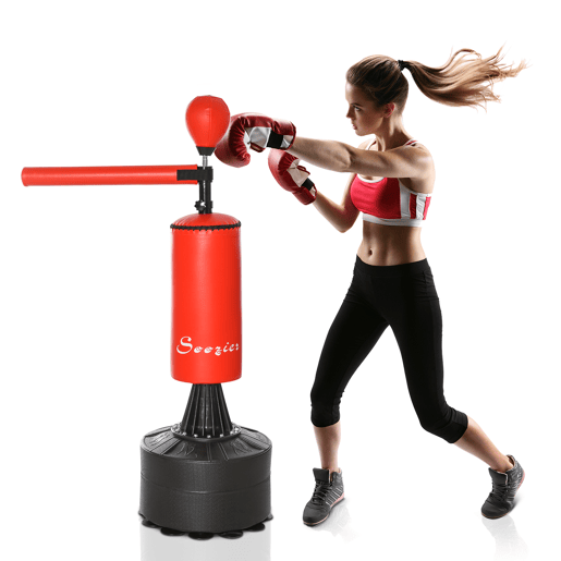 HOMCOM Punching Ball de Boxe com Altura Ajustável com Barra Giratória 360° e Base Preenchida Punching Ball para Boxe 88x48x155-205 cm Preto e Vermelho