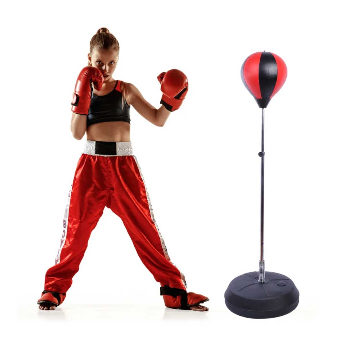 Homcom saco de boxeo de pie punching ball con altura ajustable de 4 niveles en 126-144 cm base rellenable de agua o arena guantes y inflador para adolescentes rojo y negro