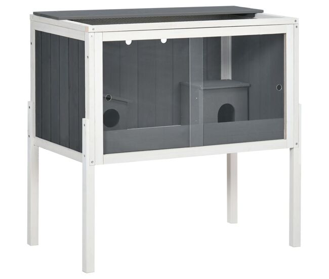 Pawhut jaula para hámster de madera 82x45x81 cm casa para roedores con 2 puertas de acrílico estante extraíble 2 casitas para animales pequeños gris