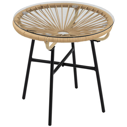 Outsunny Mesa Auxiliar de Vime Sintético Mesa de Centro Redonda para Exteriores com Bancada de Vidro Temperado e Pés de Metal para Pátio Jardim Varanda Ø50x50 cm Bege e Preto