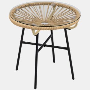Outsunny Mesa Auxiliar de Vime Sintético Mesa de Centro Redonda para Exteriores com Bancada de Vidro Temperado e Pés de Metal para Pátio Jardim Varanda Ø50x50 cm Bege e Preto