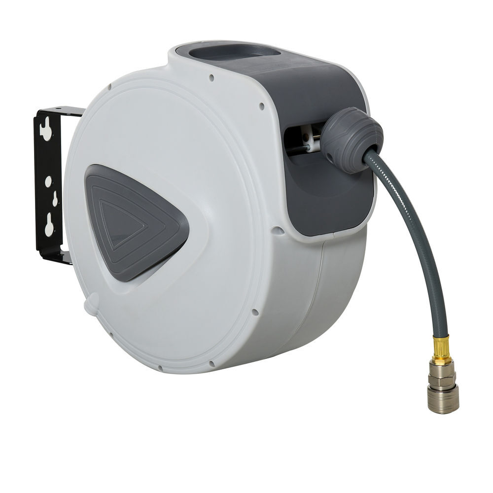 Durhand carrete de manguera de aire comprimido automático de 15 m conector de 1/4'' bsp con soporte para pared giratorio 180° diámetro interno 3/8'' (9,5x15 mm) gris