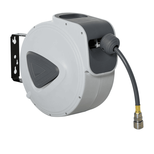 DURHAND Carretel de Mangueira de Ar Comprimido Automático de 15m Conector de 14'' BSP com Suporte para Parede Giratório 180° Diámetro Interno 38'' (9,5x15 mm) Cinza