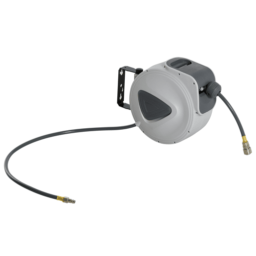 DURHAND Carretel de Mangueira de Ar Comprimido Automático de 15m Conector de 14'' BSP com Suporte para Parede Giratório 180° Diámetro Interno 38'' (9,5x15 mm) Cinza