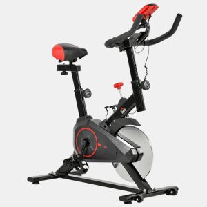 HOMCOM Bicicleta Estática Spinning com Monitor LCD Volante de Inércia de 6kg Assento e Guidão com Altura Ajustável Resistência Regulável e Silenciosa 85x46x114cm Preto e Vermelho