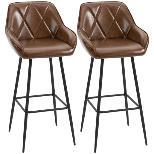HOMCOM Conjunto de 2 Bancos Altos de Cozinha Bancos de Bar Estofados em PU com Encosto Alto Pés de Aço e Apoio para os Pés para Sala de Jantar Carga 120kg 50x47,5x102,5cm Marrom