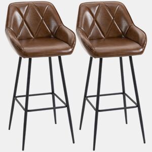 HOMCOM Conjunto de 2 Bancos Altos de Cozinha Bancos de Bar Estofados em PU com Encosto Alto Pés de Aço e Apoio para os Pés para Sala de Jantar Carga 120kg 50x47,5x102,5cm Marrom