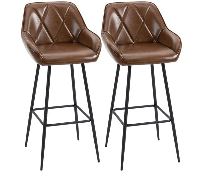 Homcom juego de 2 taburetes altos de cocina taburetes de bar tapizado en pu con respaldo alto patas de acero y reposapiés para comedor carga 120 kg 50x47,5x102,5 cm marrón