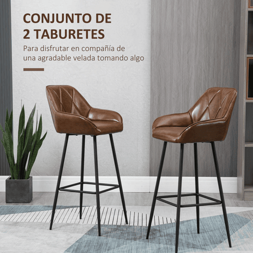 HOMCOM Conjunto de 2 Bancos Altos de Cozinha Bancos de Bar Estofados em PU com Encosto Alto Pés de Aço e Apoio para os Pés para Sala de Jantar Carga 120kg 50x47,5x102,5cm Marrom