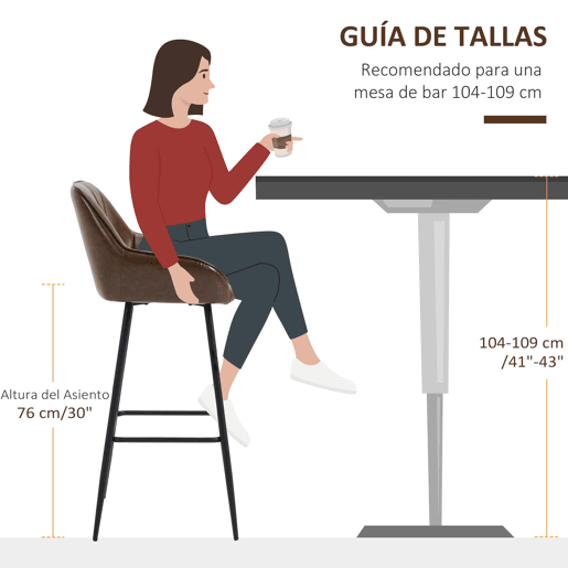 HOMCOM Conjunto de 2 Bancos Altos de Cozinha Bancos de Bar Estofados em PU com Encosto Alto Pés de Aço e Apoio para os Pés para Sala de Jantar Carga 120kg 50x47,5x102,5cm Marrom