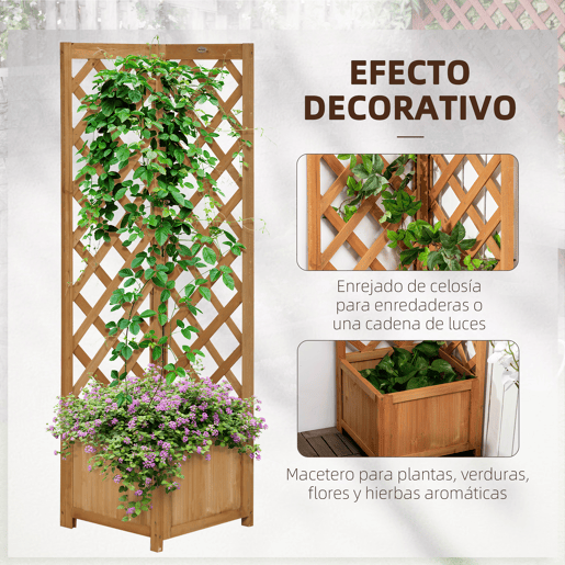 Outsunny Floreira com Treliça de Madeira Caixa de Plantio com Suporte para Plantas Trepadeiras Cultivos de Plantas Flores Decoração 40x40x145cm Madeira