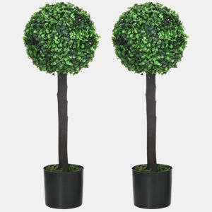 HOMCOM Conjunto de 2 Plantas Artificiais Decorativas 60cm Buxos Artificiais em Vaso para Decoração de Interior e Exterior Ø20x60 cm Verde