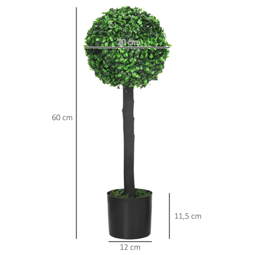 HOMCOM Conjunto de 2 Plantas Artificiais Decorativas 60cm Buxos Artificiais em Vaso para Decoração de Interior e Exterior Ø20x60 cm Verde