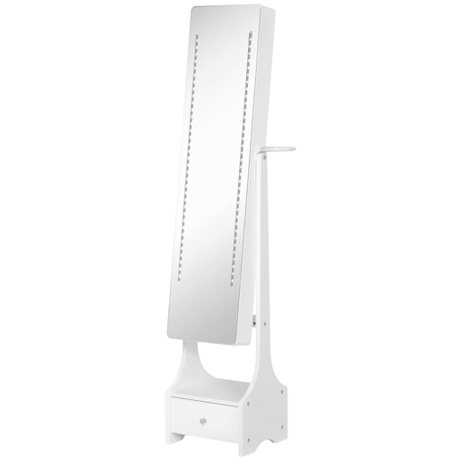 HOMCOM Espelho Porta-Joias com Luzes LED, Armário para Joias com Suporte para Secador, Espelho de Corpo Inteiro sem Moldura com Ângulo Ajustável, Gaveta, Interruptor Tátil, Luzes com Desligar Automático, Branco