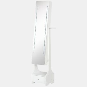 HOMCOM Espelho Porta-Joias com Luzes LED, Armário para Joias com Suporte para Secador, Espelho de Corpo Inteiro sem Moldura com Ângulo Ajustável, Gaveta, Interruptor Tátil, Luzes com Desligar Automático, Branco