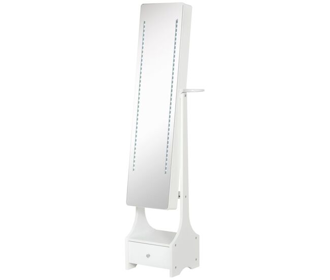 Homcom espejo joyero con luces led, armario joyero con soporte para secador, espejo entero sin marco de ángulo ajustable, cajón, interruptor táctil, luces apagado automático, blanco