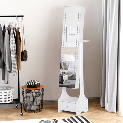 HOMCOM Espelho Porta-Joias com Luzes LED, Armário para Joias com Suporte para Secador, Espelho de Corpo Inteiro sem Moldura com Ângulo Ajustável, Gaveta, Interruptor Tátil, Luzes com Desligar Automático, Branco
