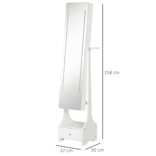 HOMCOM Espelho Porta-Joias com Luzes LED, Armário para Joias com Suporte para Secador, Espelho de Corpo Inteiro sem Moldura com Ângulo Ajustável, Gaveta, Interruptor Tátil, Luzes com Desligar Automático, Branco