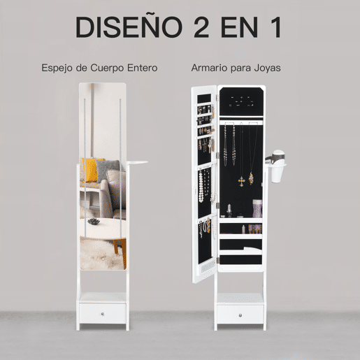 HOMCOM Espelho Porta-Joias com Luzes LED, Armário para Joias com Suporte para Secador, Espelho de Corpo Inteiro sem Moldura com Ângulo Ajustável, Gaveta, Interruptor Tátil, Luzes com Desligar Automático, Branco