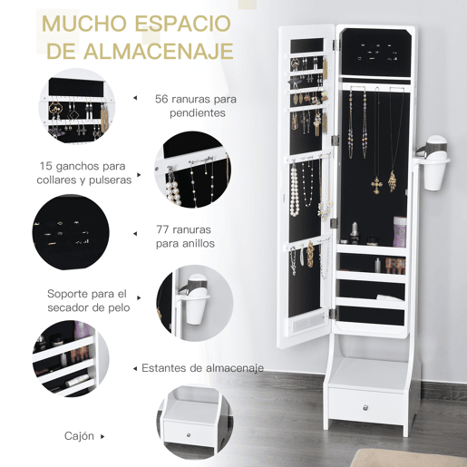 HOMCOM Espelho Porta-Joias com Luzes LED, Armário para Joias com Suporte para Secador, Espelho de Corpo Inteiro sem Moldura com Ângulo Ajustável, Gaveta, Interruptor Tátil, Luzes com Desligar Automático, Branco