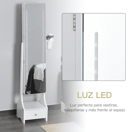 HOMCOM Espelho Porta-Joias com Luzes LED, Armário para Joias com Suporte para Secador, Espelho de Corpo Inteiro sem Moldura com Ângulo Ajustável, Gaveta, Interruptor Tátil, Luzes com Desligar Automático, Branco