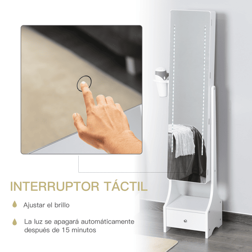 HOMCOM Espelho Porta-Joias com Luzes LED, Armário para Joias com Suporte para Secador, Espelho de Corpo Inteiro sem Moldura com Ângulo Ajustável, Gaveta, Interruptor Tátil, Luzes com Desligar Automático, Branco