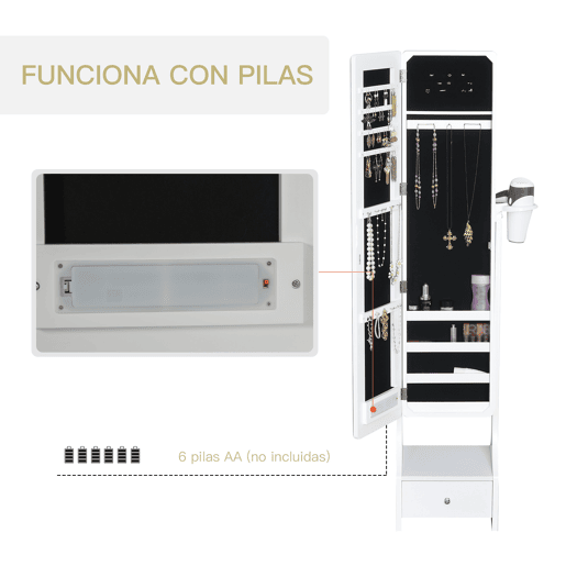 HOMCOM Espelho Porta-Joias com Luzes LED, Armário para Joias com Suporte para Secador, Espelho de Corpo Inteiro sem Moldura com Ângulo Ajustável, Gaveta, Interruptor Tátil, Luzes com Desligar Automático, Branco