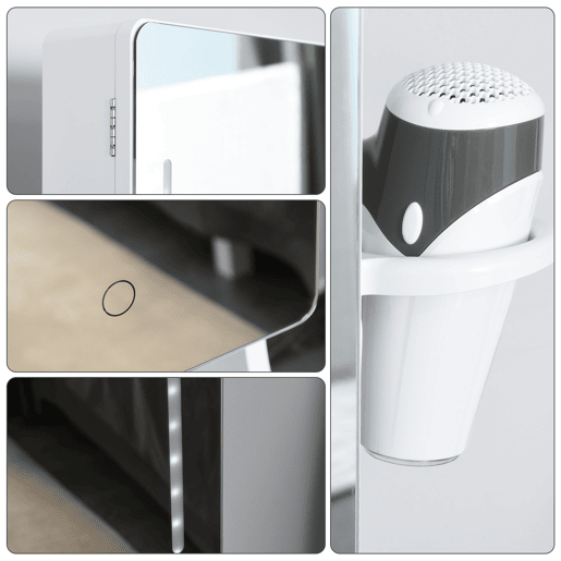 HOMCOM Espelho Porta-Joias com Luzes LED, Armário para Joias com Suporte para Secador, Espelho de Corpo Inteiro sem Moldura com Ângulo Ajustável, Gaveta, Interruptor Tátil, Luzes com Desligar Automático, Branco