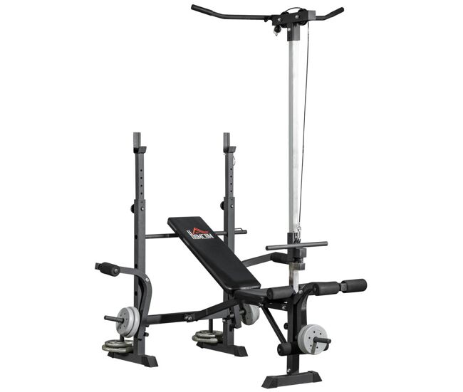 Homcom banco de pesas multifuncional banco de musculación ajustable en 6 posiciones con torre de poleas para entrenamiento de cuerpo completo en gimnasio casa carga 300 kg plata y negro