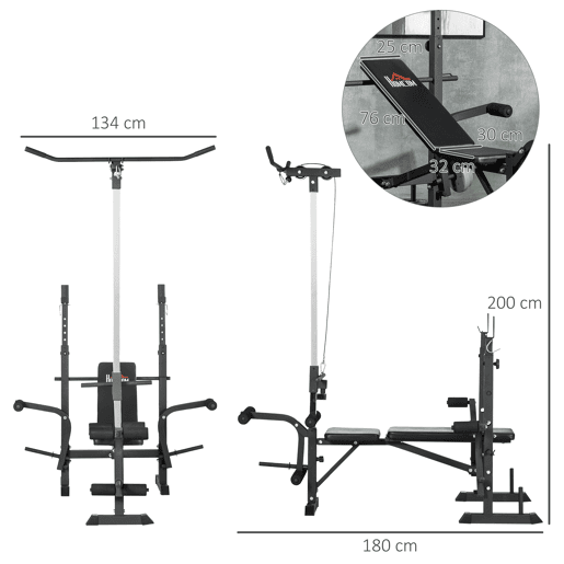 HOMCOM Banco de Pesos Multi Funcional Banco de Musculação Ajustável em 6 Posições para Treinamento de Corpo Inteiro em Ginásio Casa Carga Máxima 150kg 180x134x200cm Prata e Preto