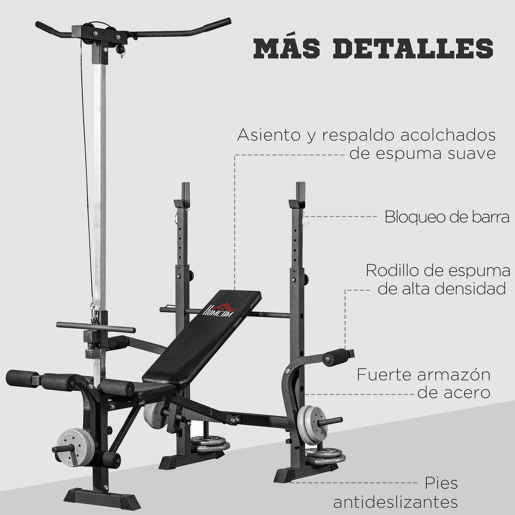 HOMCOM Banco de Pesos Multi Funcional Banco de Musculação Ajustável em 6 Posições para Treinamento de Corpo Inteiro em Ginásio Casa Carga Máxima 150kg 180x134x200cm Prata e Preto