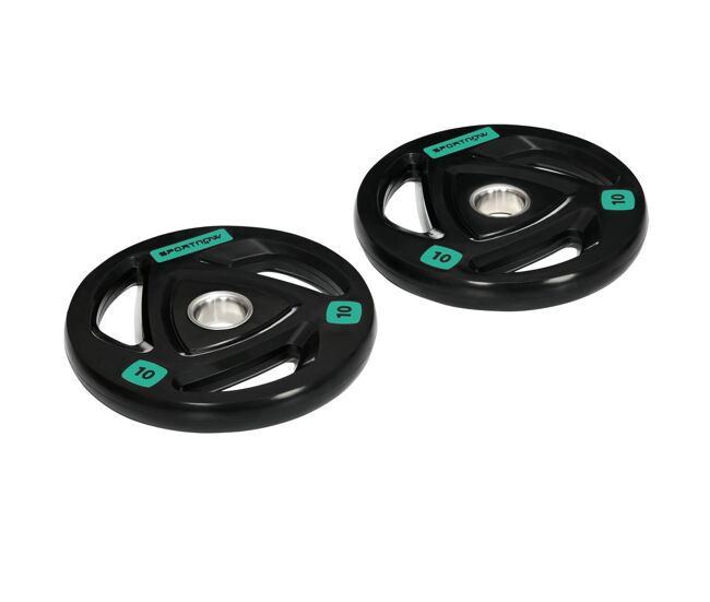 Sportnow discos pesas olímpicos 2x10 kg, agujero ø50 mm, de hierro fundido, recubierta de goma, 2 placas de pesas con triple agarre, para mancuernas y barras, entrenamiento en casa, gimnasio, negro