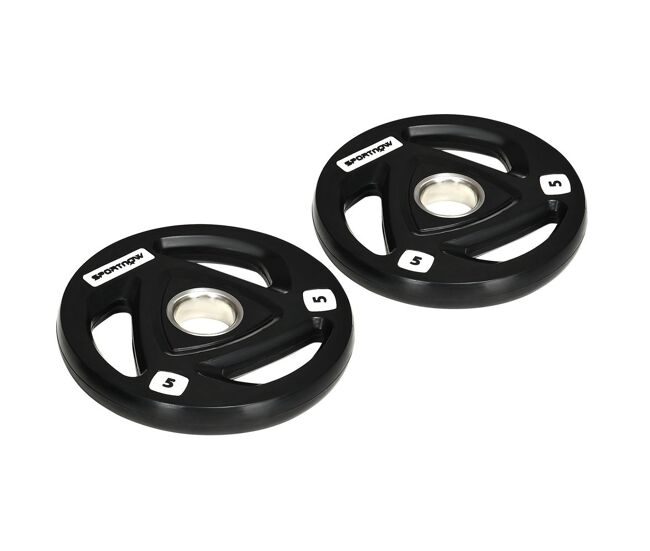 Sportnow discos pesas olímpicos 2x5 kg, agujero ø50 mm, de hierro fundido, recubierta de goma, 2 placas de pesas con triple agarre, para mancuernas y barras, entrenamiento en casa, gimnasio, negro