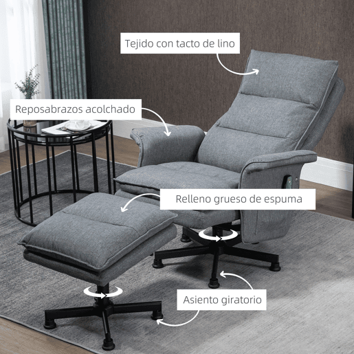 HOMCOM Poltrona Relax com Massagem e Apoio para os Pés Poltrona de Massagem Estofada em Linho com Controlo Remoto e 8 Áreas de Massagem Carga Máxima 120kg 78x81x99cm Cinza