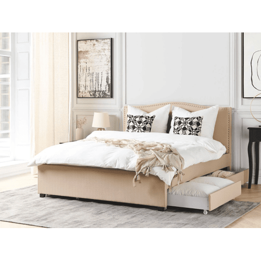 Cama com gavetas de arrumação Tecido MONTPELLIER 160 x 200 cm Creme