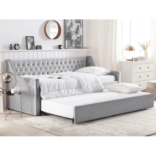 Cama gavetão Veludo MONTARGIS 90 x 200 cm Cinzento claro Cama gavetão Veludo MONTARGIS 90 x 200 cm Cinzento claro