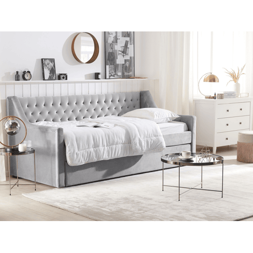 Cama gavetão Veludo MONTARGIS 90 x 200 cm Cinzento claro Cama gavetão Veludo MONTARGIS 90 x 200 cm Cinzento claro