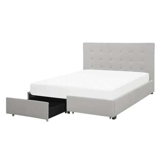 Cama com gavetas de arrumação Tecido LA ROCHELLE 140 x 200 cm Cinzento claro Cama com gavetas de arrumação Tecido LA ROCHELLE 140 x 200 cm Cinzento claro